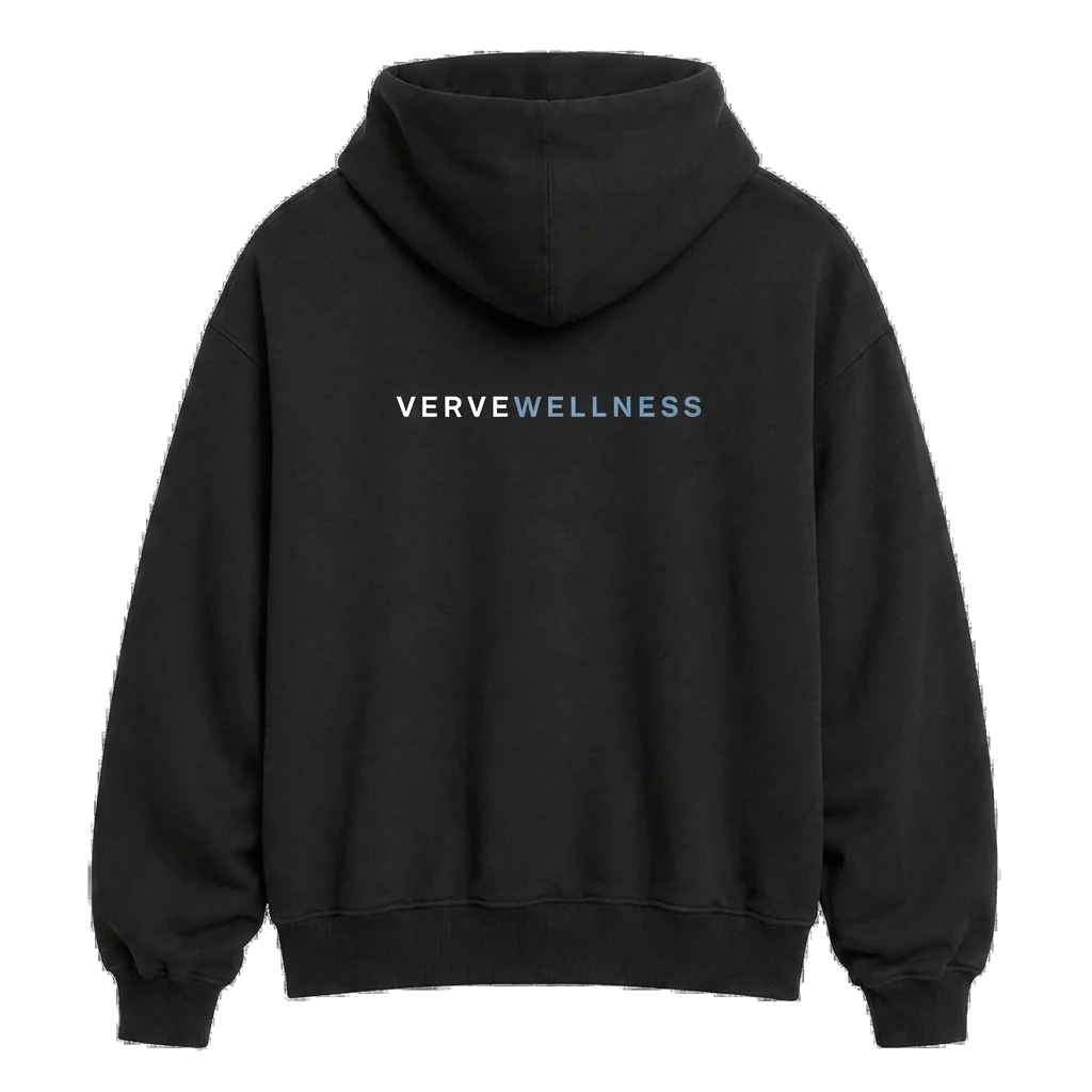 verve wellness black hoodie, back view